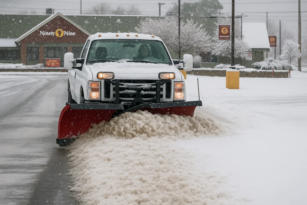 pick up truck plowing snow in a restaurant parking lot