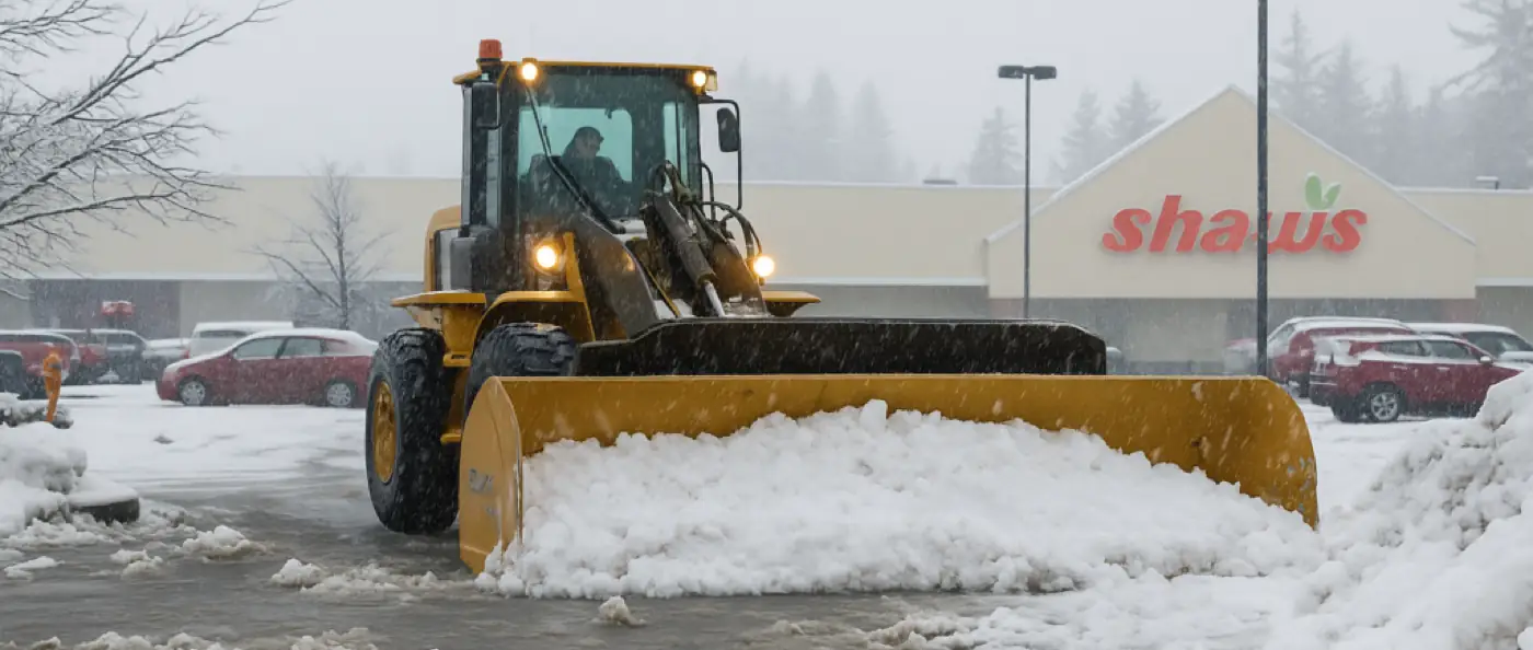 loader pushing snow in a supermarket parking lot