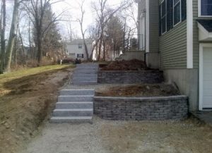 Walkway, retaining wall and granite steps