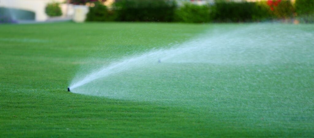 Lawn sprinkler water lush green yard