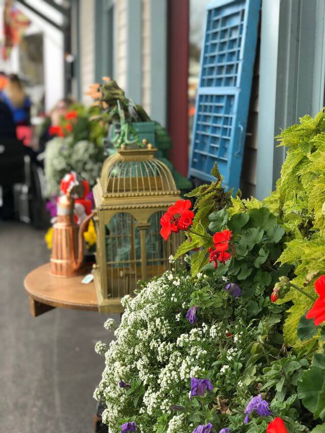 View of downtown storefronts with colorful flowers in pots and assorted antiques