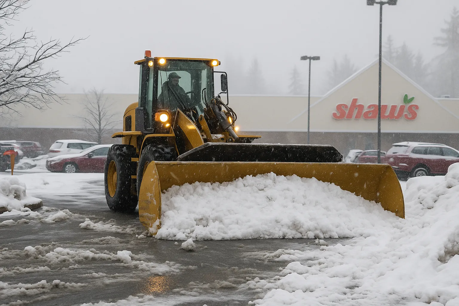 Yellow snowplow with operator clearing snow from a Shaw's grocery store parking lot.