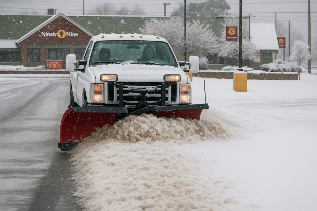 pick up truck plowing snow in a restaurant parking lot