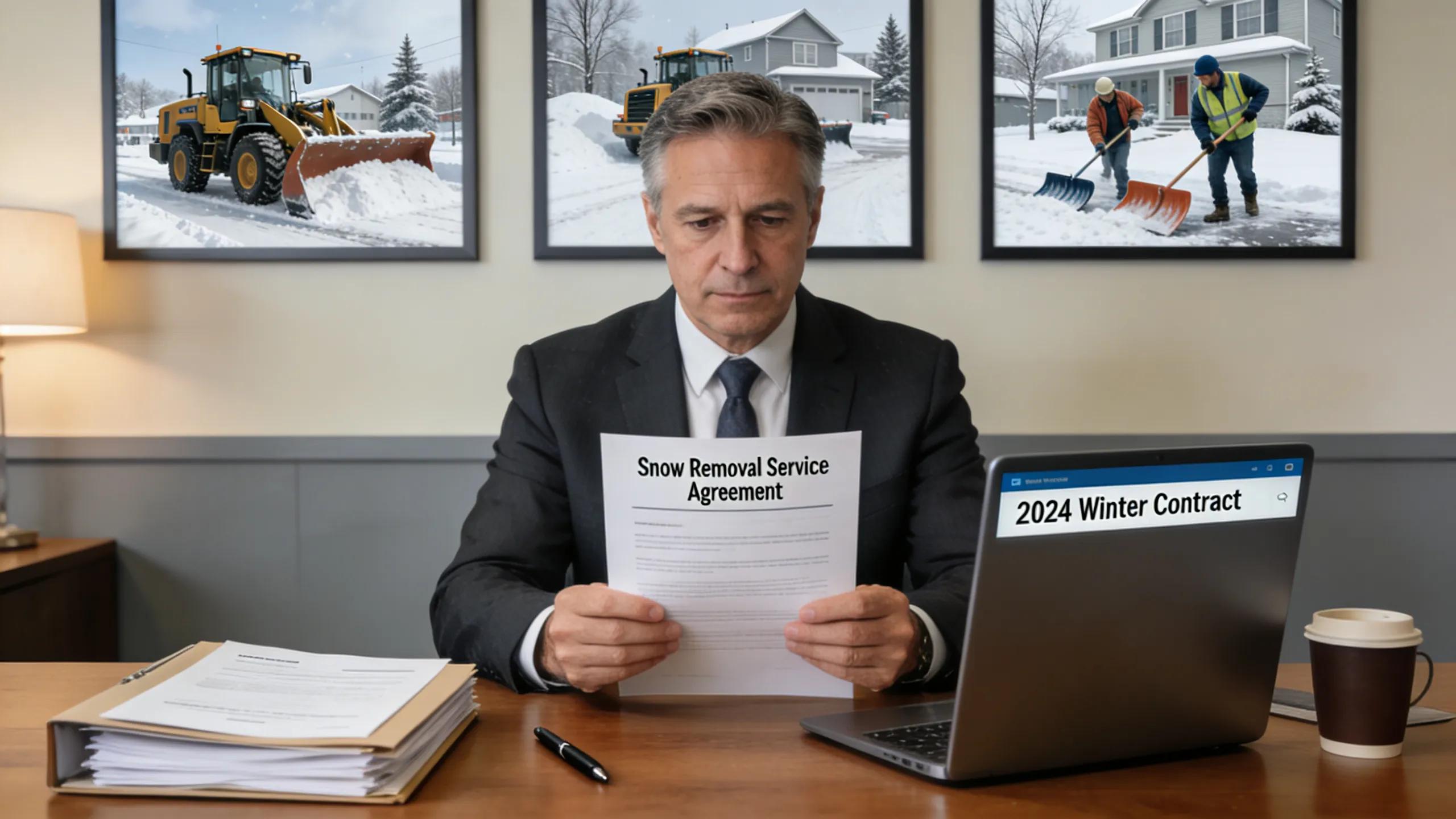 Property manager reviewing snow removal service contracts in an office, emphasizing contractor selection
