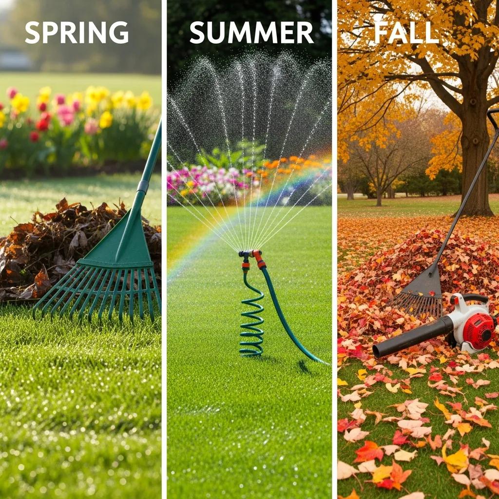 Seasonal lawn care collage: spring cleanup, summer watering, fall prep