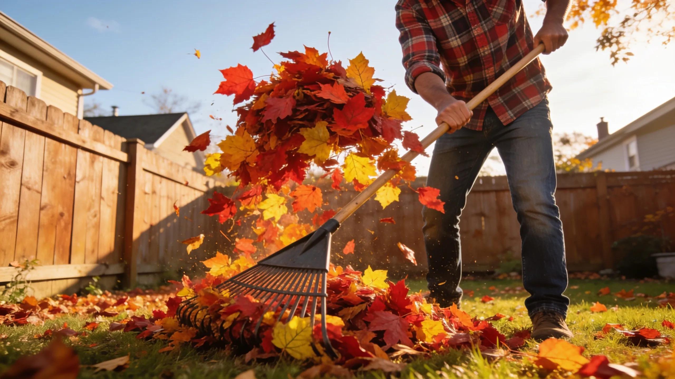 Autumn backyard cleanup in Manchester NH with colorful leaves and a homeowner raking