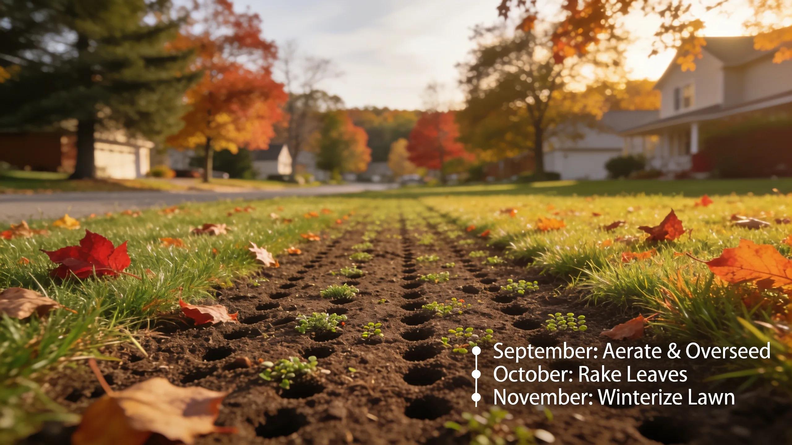 Freshly aerated lawn in Manchester, NH, with autumn leaves and high-quality grass seed blends, emphasizing seasonal maintenance timeline