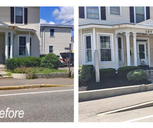 Before and after photo of home landscaped